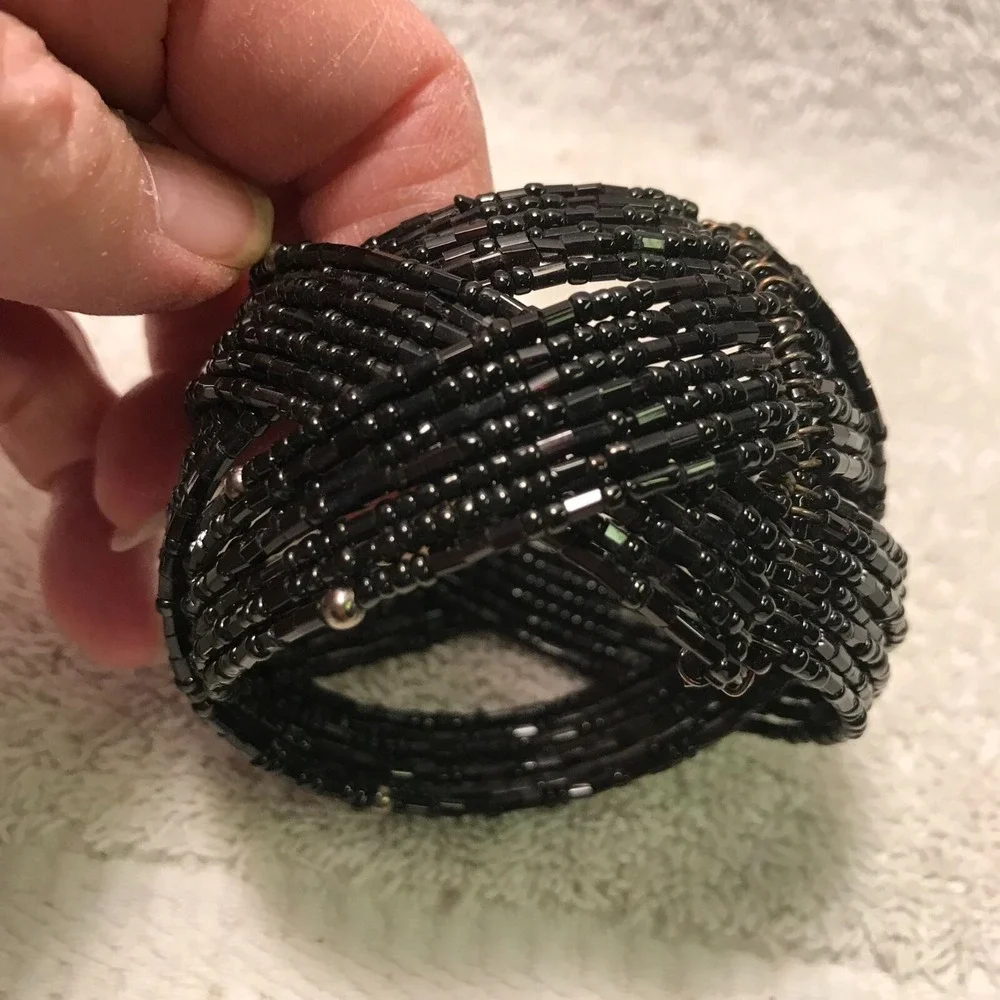 Handmade Black Beaded Bracelet - Stretchy Cuff With Intricate Design‎